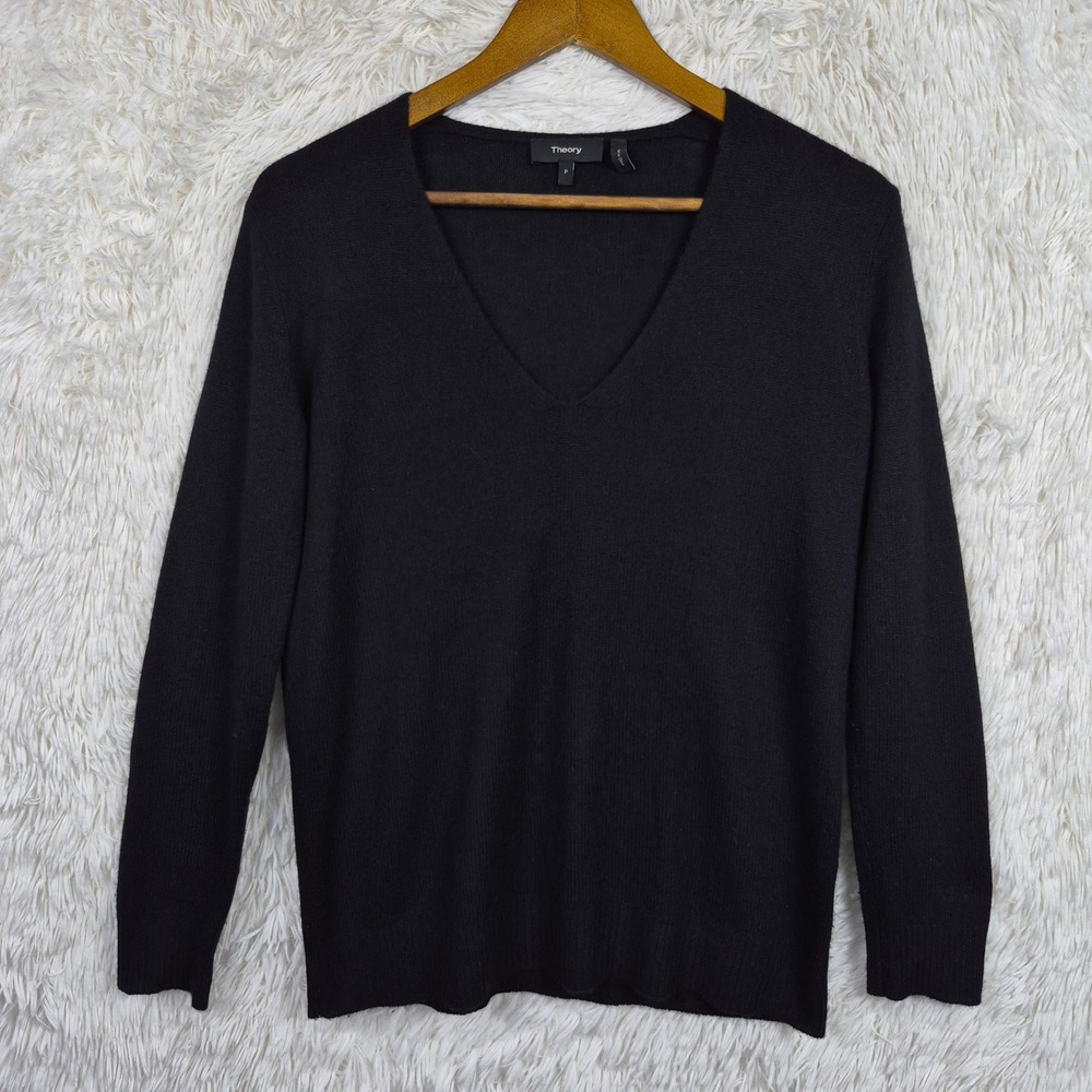 Theory Womens Black Cashmere V-Neck Long Sleeve Sweater Size Small Quiet Luxury